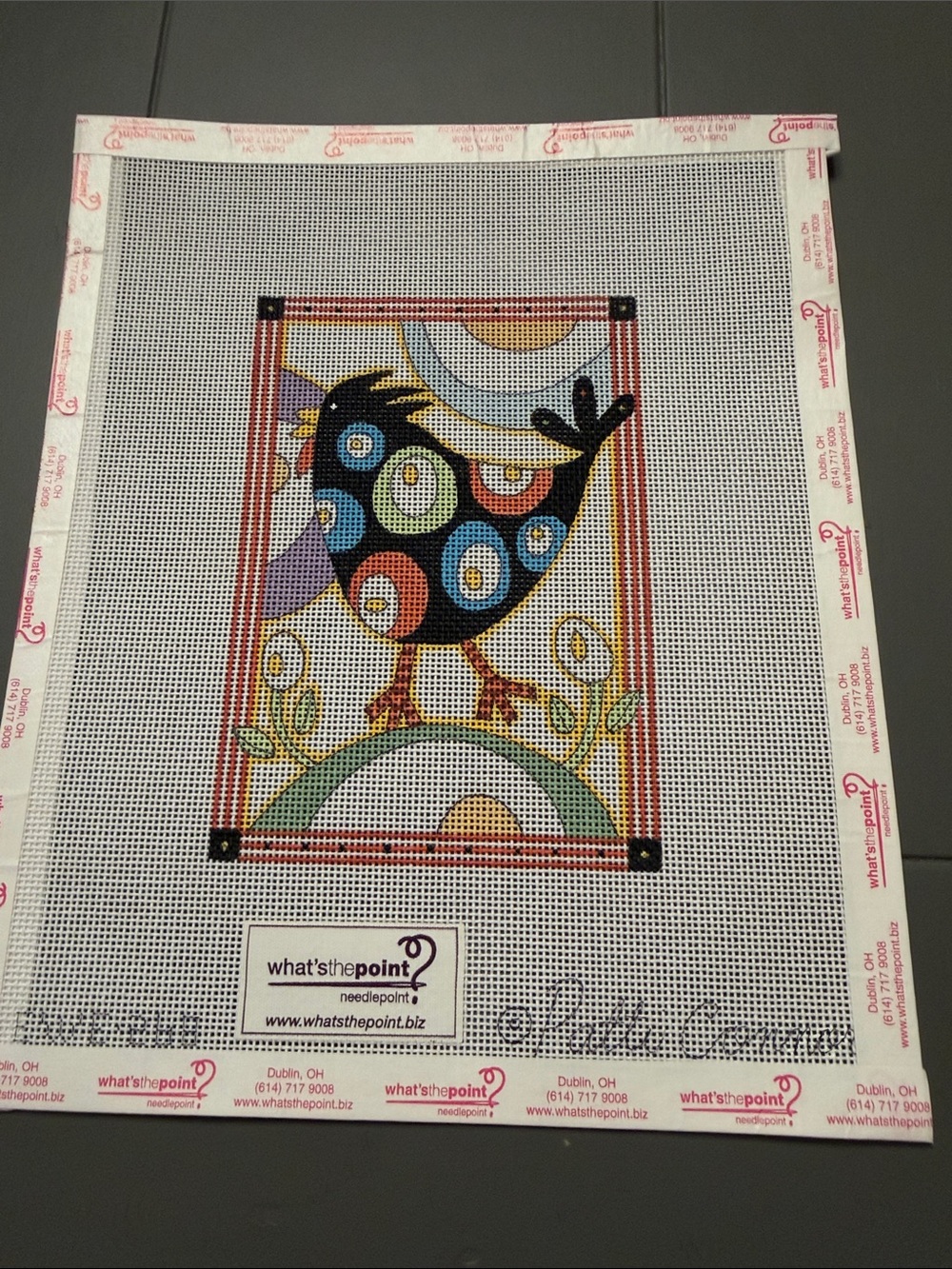 hand-painted needlepoint canvas What's the Point colorful, stylized bird. 🐈‍⬛